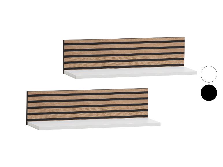 Deux étagères murales avec une étagère blanche et un panneau arrière à lattes de bois et noires.