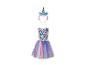 Une robe de licorne rose et bleue avec un serre-tête assorti.