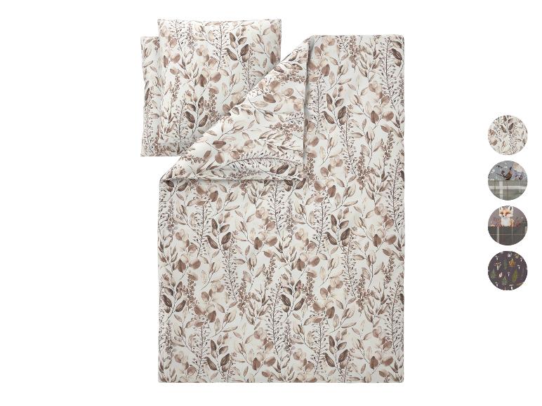 Parure de lit avec motif botanique marron, avec d'autres motifs présentés sur le côté.