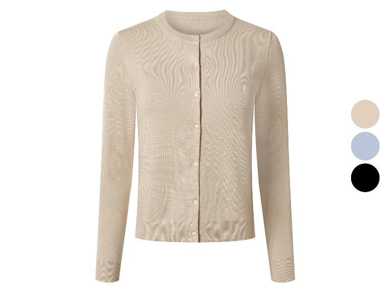 Cardigan femme beige à col rond et boutons, également disponible en bleu et noir.