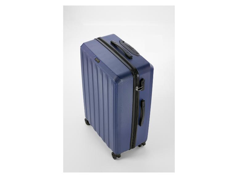 Valise de voyage Esmara bleue avec détails noirs et roulettes.