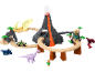 Ensemble de jeu sur le thème des dinosaures avec volcan, chemin de fer, véhicules et figurines.