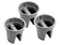 Trois pots de fleurs en plastique gris avec système d'arrosage intégré.