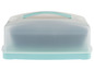 Une boîte à gâteau en plastique transparente avec un couvercle bleu.