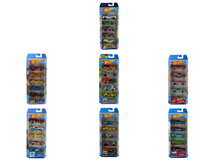 Six voitures Hot Wheels dans des emballages avec différents thèmes, tels que Nightburnerz, HW Getaways, HW Flames et Retro Racers.