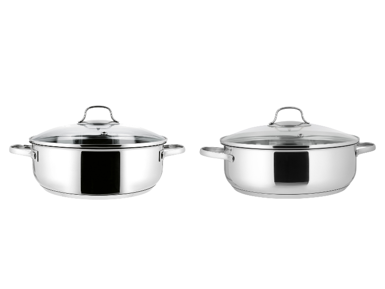 Deux casseroles en acier inoxydable SILVERCREST® avec couvercles en verre, revêtues et non revêtues, Ø 28 cm.