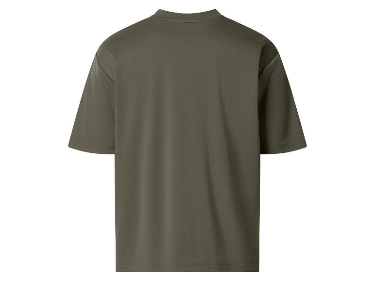 Vue arrière d'un t-shirt uni vert olive foncé à manches courtes et col rond.