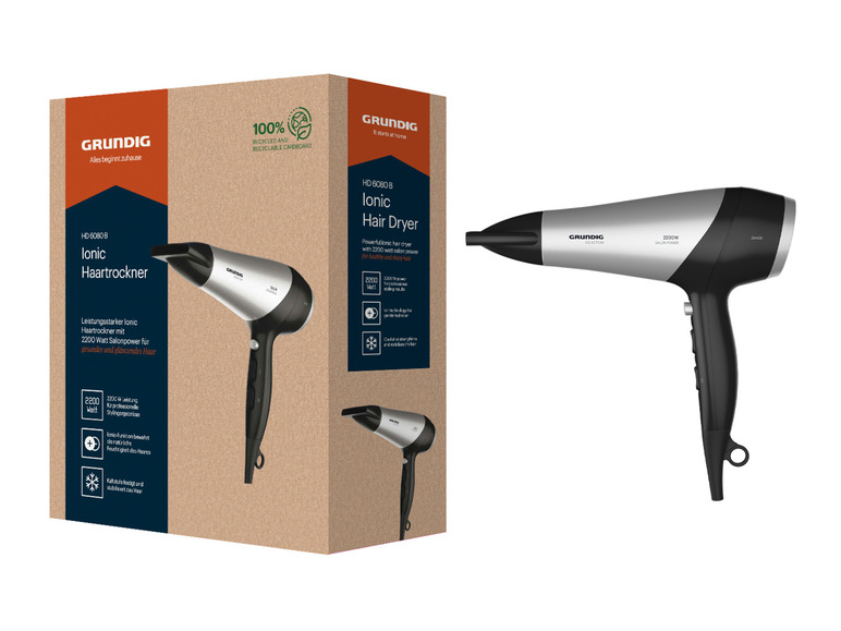 Sèche-cheveux ionique Grundig HD 6080 B avec une puissance de 2200 W.