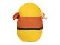 Un coussin jaune et orange avec une bande noire.