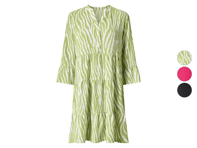 Robe femme imprimé zèbre vert et blanc, col chemise et jupe à volants.
