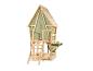 Maison de jeu en bois avec tente verte et cuisine de boue avec ustensiles