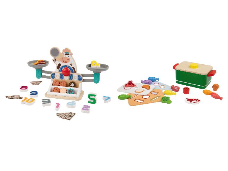 Jouets en bois: balance de cuisine thème vache, aliments et chiffres.