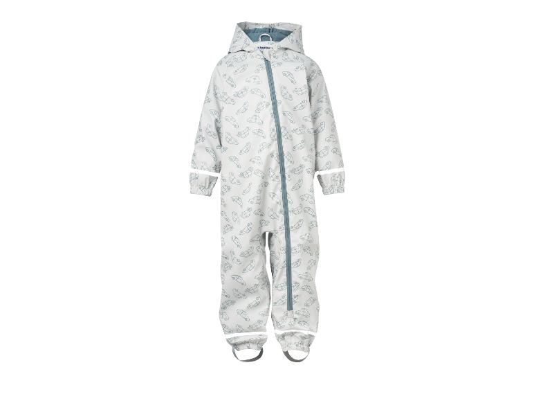 Combinaison de pluie grise pour bébé avec motif de voitures et fermeture éclair.