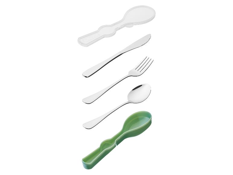 Ensemble de couverts avec un couvercle de cuillère en plastique transparent et un support de cuillère en plastique vert.