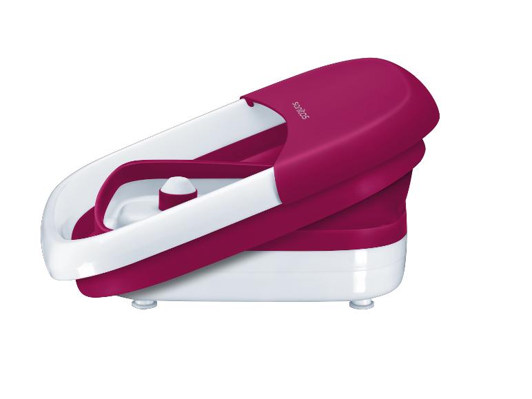 Appareil de massage des pieds Sanitas blanc et magenta avec un masseur central.