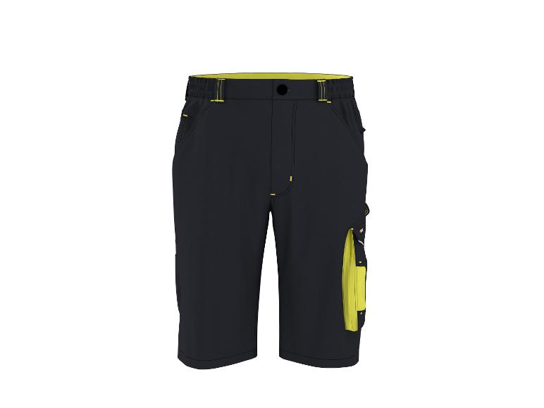 Short de travail noir avec détails jaunes et poche latérale.