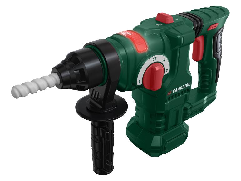 Marteau perforateur vert et noir avec accents rouges et poignée auxiliaire.