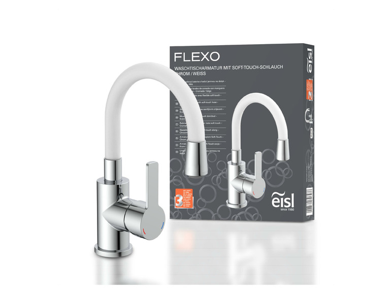 Un robinet de lavabo chromé avec un tuyau blanc soft-touch de Eisl.