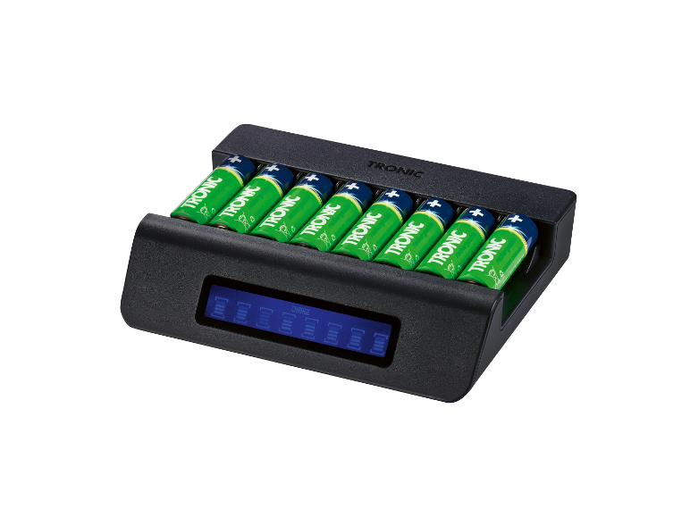 Chargeur de batteries TRONIC avec huit batteries rechargeables.
