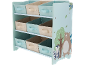 Étagère de rangement pour jouets d'enfants avec neuf bacs en tissu, décorée d'un ours et d'un raton laveur.
