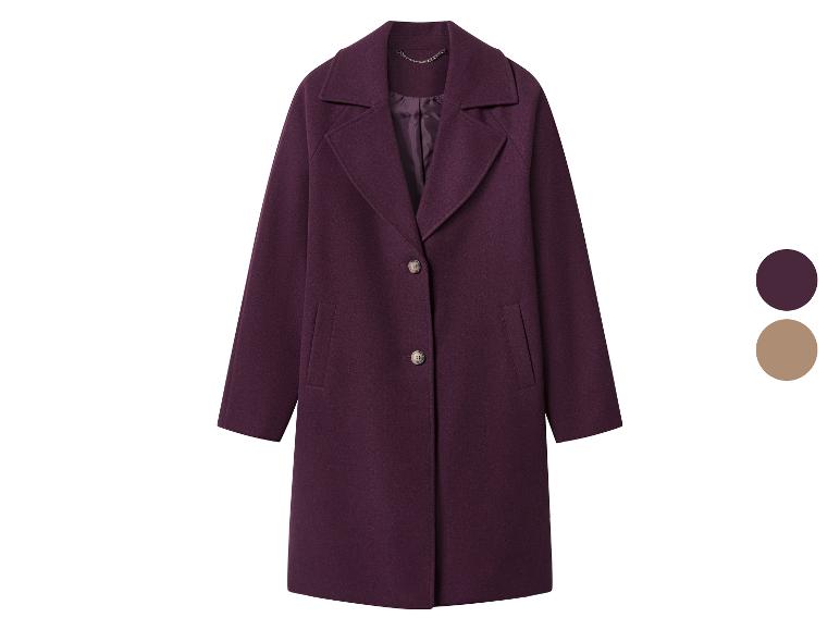 Manteau violet avec boutons et poches, avec des options de couleur marron et violet foncé.