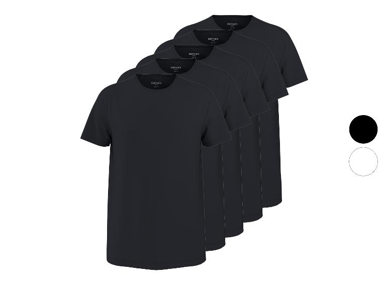 Cinq t-shirts noirs à col rond pour hommes, avec des options de couleur cercles noirs et blancs.