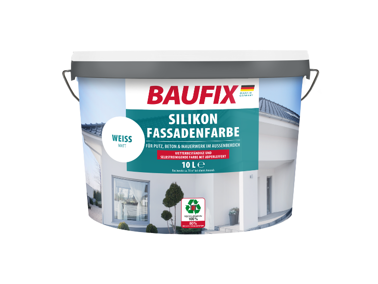Peinture façade Baufix : pot de 10 L, blanc mat, silicone.