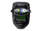 Casque de soudage noir avec filtre auto-obscurcissant vert et serre-tête réglable, vu de dessus.