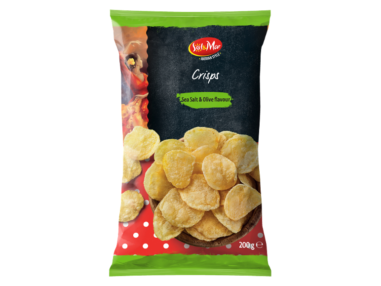 Paquet de chips saveur sel de mer et olive, 200 g.