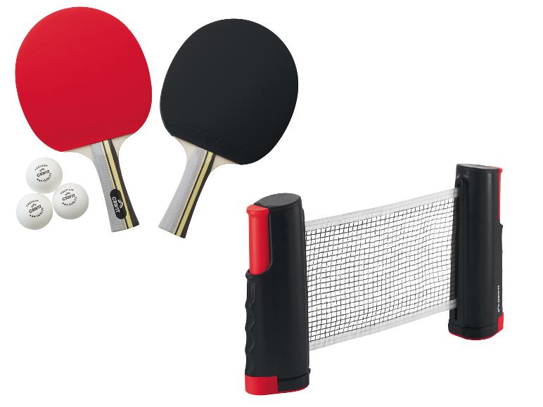 Raquettes de ping-pong Crivit, filet et balles.
