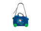 Une valise bleue à roulettes avec Peppa Pig.