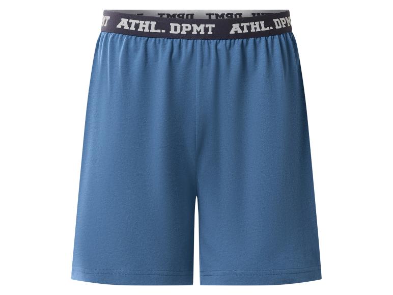 Short de pyjama bleu avec ceinture élastique et texte « ATHL. DPMT ».
