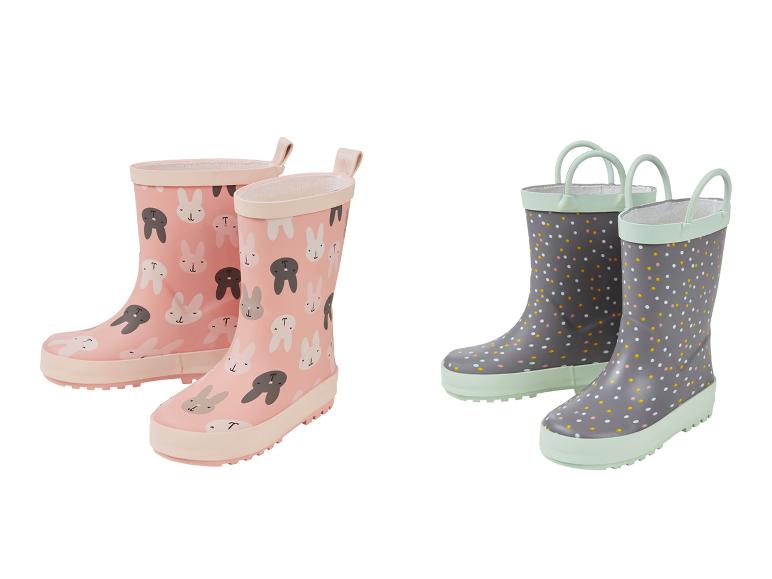 Bottes de pluie pour enfants, motifs lapins et pois.