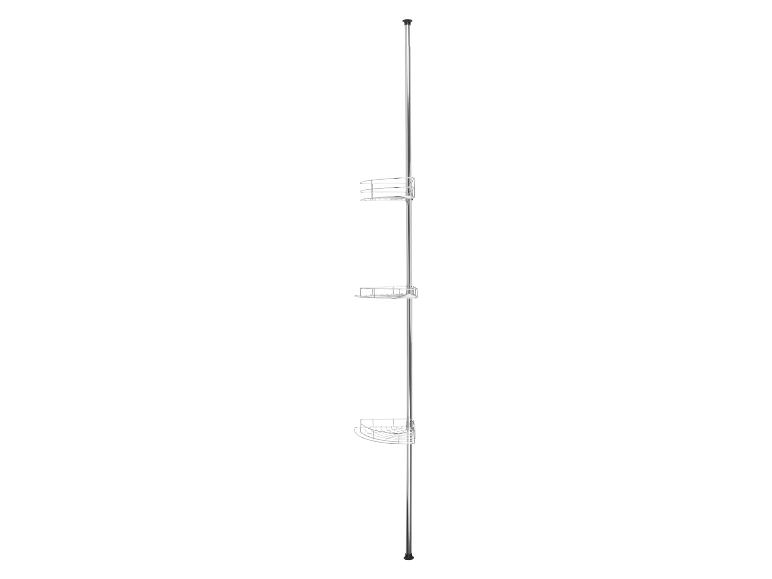 Étagère de douche télescopique en métal avec trois paniers de rangement.