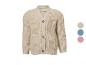 Cardigan en maille beige avec boutons et poches, avec options de couleur sur le côté.