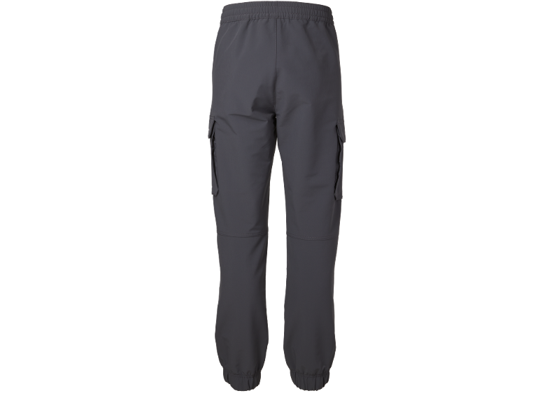 Pantalon cargo gris foncé avec taille élastique et chevilles resserrées.