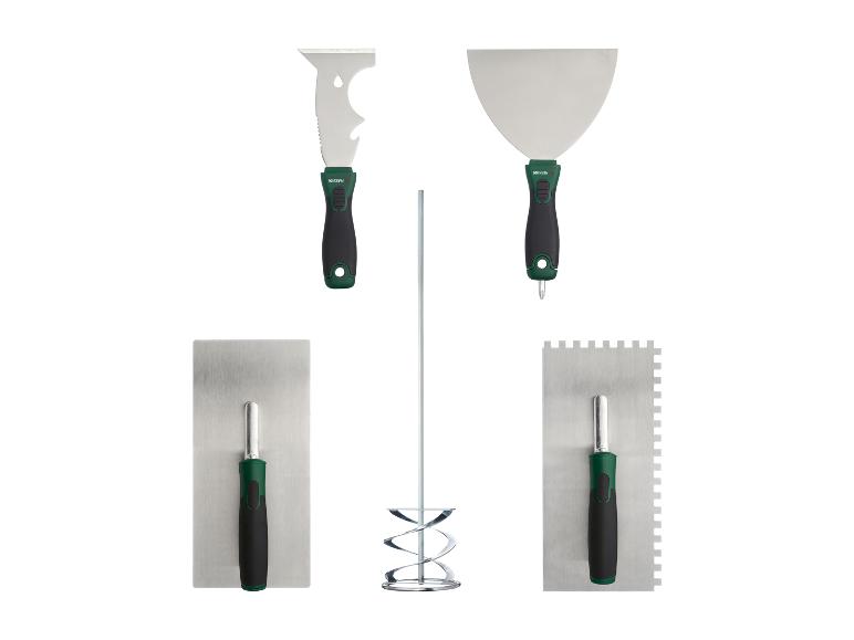 Kit d'outils Parkside pour enduire et mélanger, comprenant spatules et mélangeur.