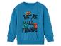 Un sweat-shirt bleu avec des dinosaures et l'inscription 'We're all friends'.