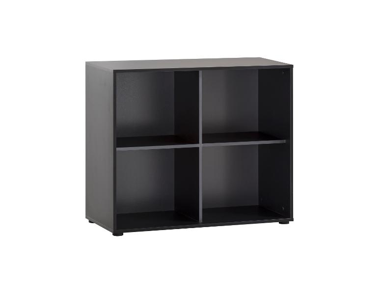 Étagère noire à quatre compartiments, idéale pour ranger livres ou décorations.