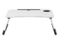 Table pliante blanche pour ordinateur portable avec porte-gobelet.