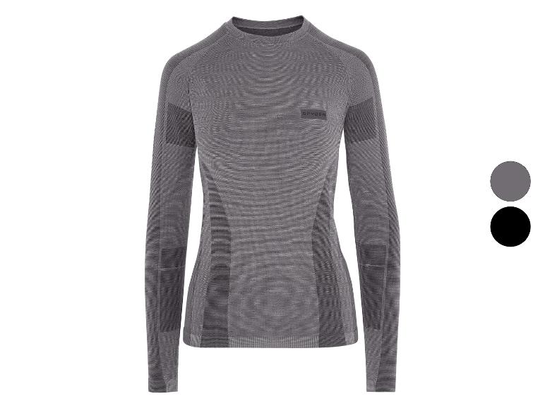 Un haut de sport gris à manches longues avec un motif subtil et un logo 'SPYDER'.