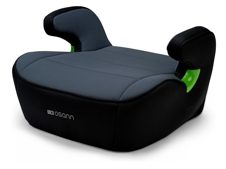 Un rehausseur de siège auto Osann noir avec des accents verts.