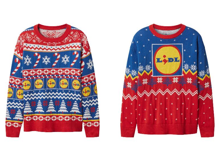 Deux pulls de Noël sur le thème Lidl, l'un avec des motifs festifs et des logos, l'autre avec un grand logo.