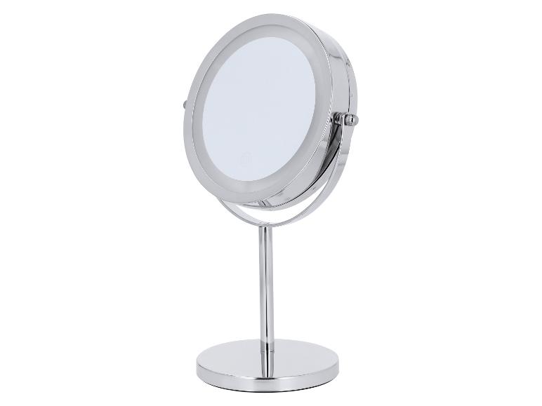 Miroir de maquillage rond chromé avec éclairage LED et base stable