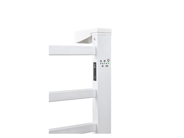 Sèche-serviettes blanc avec minuterie numérique et indicateur de puissance.