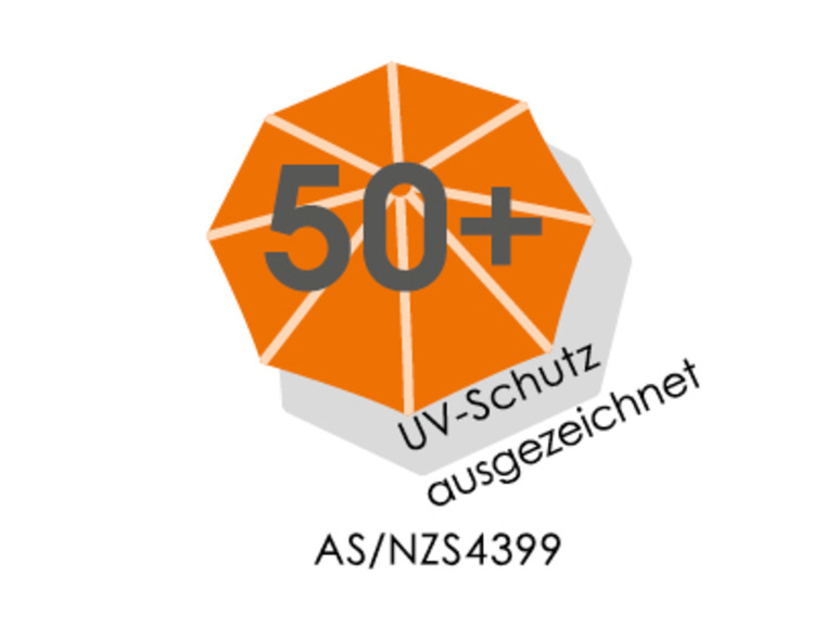 Un parasol orange avec une protection UV 50+.