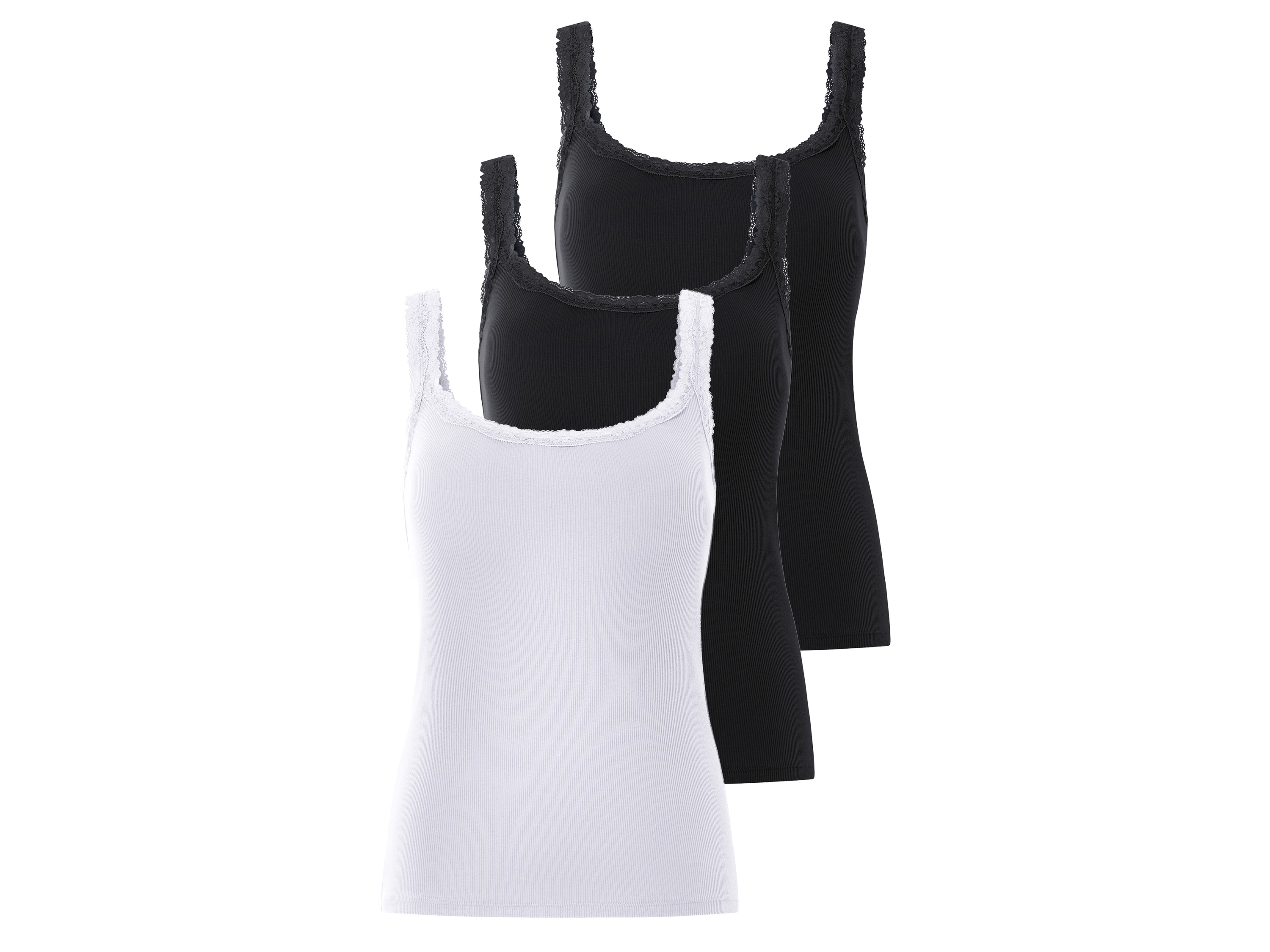 esmara® Lot de 3 débardeurs côtelés à dentelle femme (noir/blanc, M(38/40))
