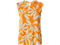 Haut sans manches orange avec un motif floral blanc, texture plissée.