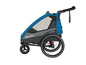 Une remorque de vélo Qeridoo Sportrex2 bleue avec deux grandes roues.