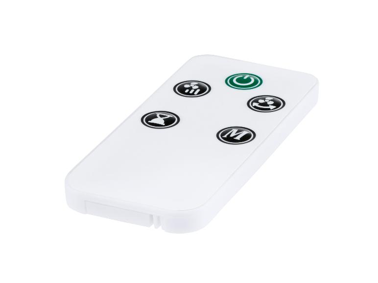 Télécommande blanche avec cinq boutons noirs pour l'alimentation, le ventilateur, la minuterie et le mode.